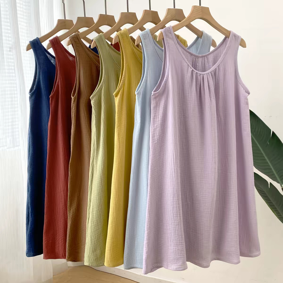 Midi Dress - เดรสแขนกุดผ้าฝ้าย 100% สไตล์ลำลองสำหรับฤดูร้อน ชิคเก๋ ความยาวปานกลาง มีกระเป๋า