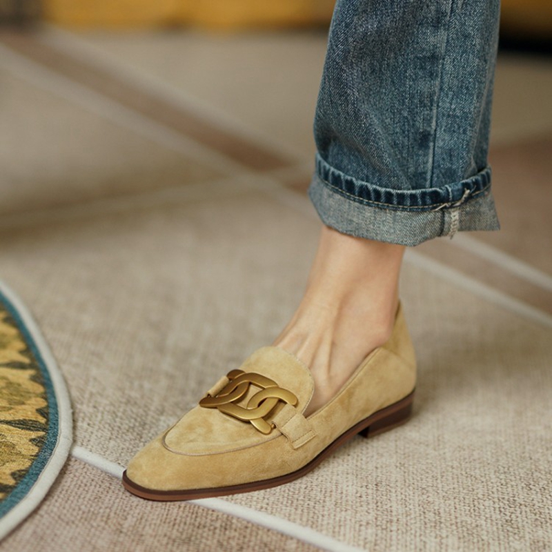 Womens Heels - หนังนิ่มหนังผู้หญิง Loafers ฤดูใบไม้ผลิ/ฤดูใบไม้ร่วงรองเท้าส้นสูงผู้หญิงรองเท้ารอบ Toe Chunky ส้นปั๊มโลหะหัวเข็มขัดรองเท้าสำหรับสตรี