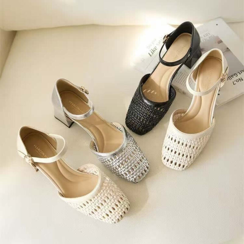 Formal Dress - รองเท้าส้นสูงแฟชั่นสำหรับผู้หญิง ดีไซน์สานโปร่งแบบหนา หัวกลม พร้อมสายรัดข้อเท้า เหมาะสำหรับฤดูร้อน สไตล์หรูหรา