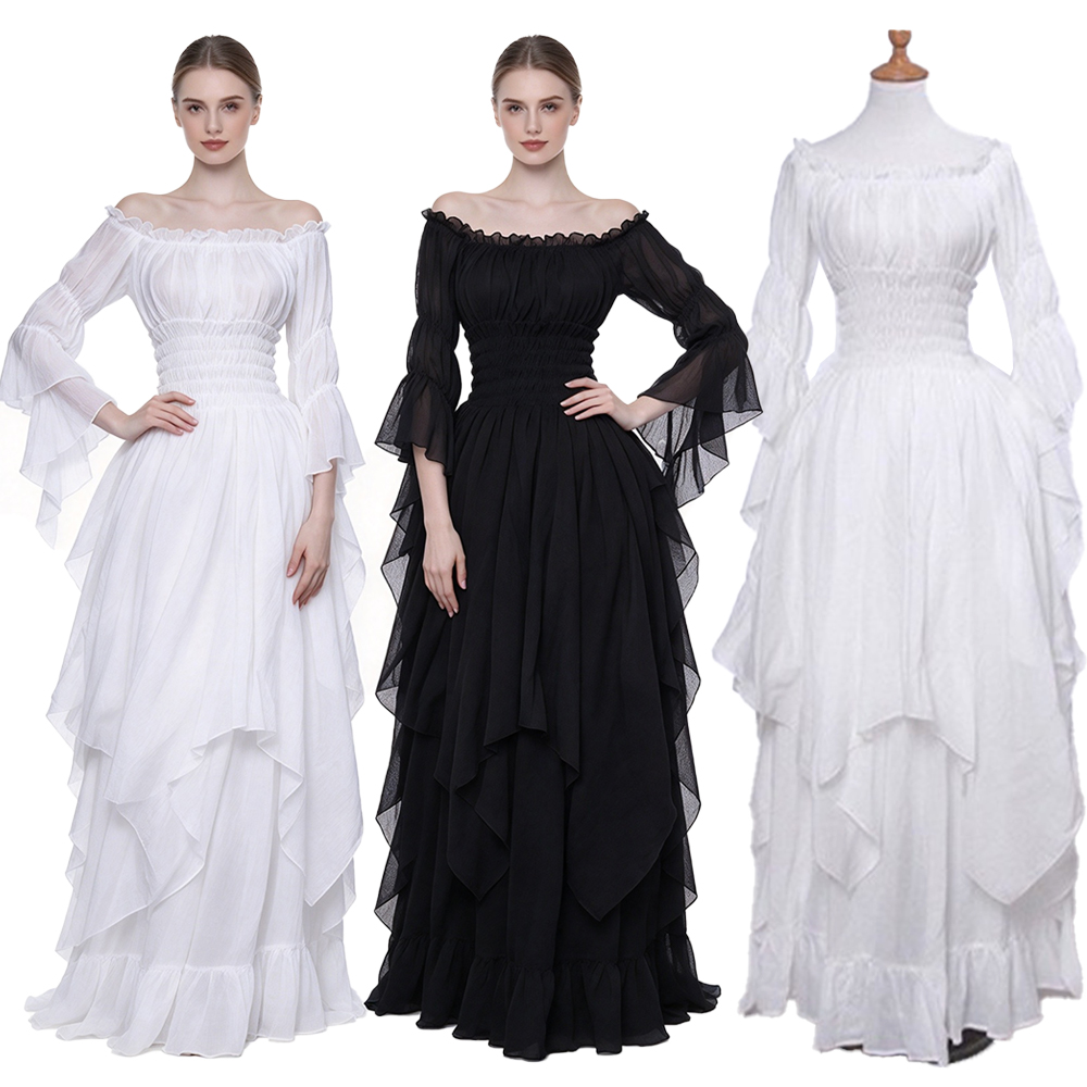 Lace Dress - ชุดเดรสสไตล์ยุคกลาง ชุดเดรสยาวเปิดไหล่สไตล์เรโทร ชุดเจ้าหญิงลูกไม้สวยหรู แขนระฆัง ชุดกอธิคสไตล์ราชสำนักยุโรป