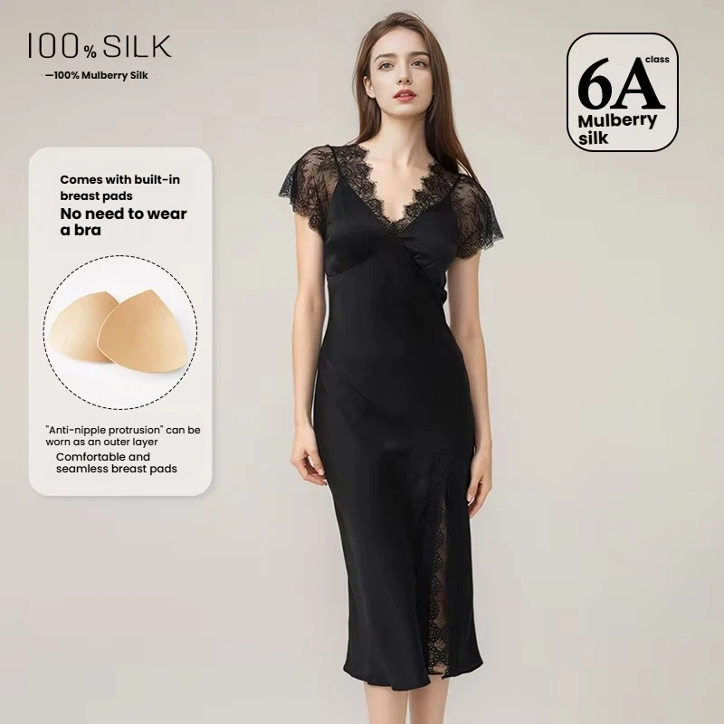 Lace Dress - ชุดนอนผ้าไหมเซ็กซี่สำหรับผู้หญิง ผ้าไหมมัลเบอร์รี่ 19 มอมเม่ ดีไซน์ผ่าข้าง พร้อมแผ่นรองหน้าอก
