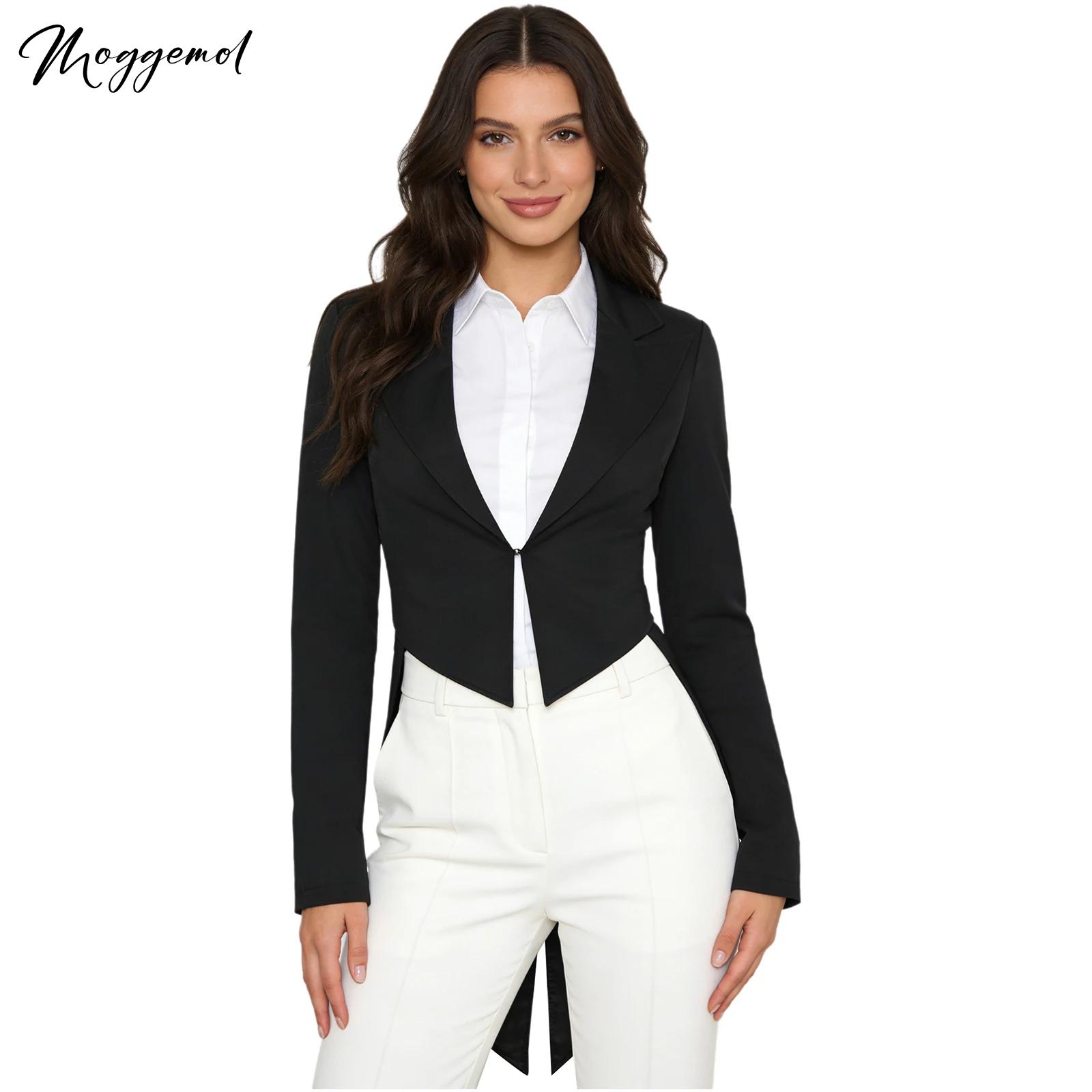 Womens Blazer - เสื้อแจ็คเก็ตวินเทจทรงสวอเล็วเทลสำหรับผู้หญิง ชุดคอสเพลย์พนักงานเสิร์ฟ ปกแหลม คอวี เสื้อเบลเซอร์แขนยาว ทรงทักซิโด้