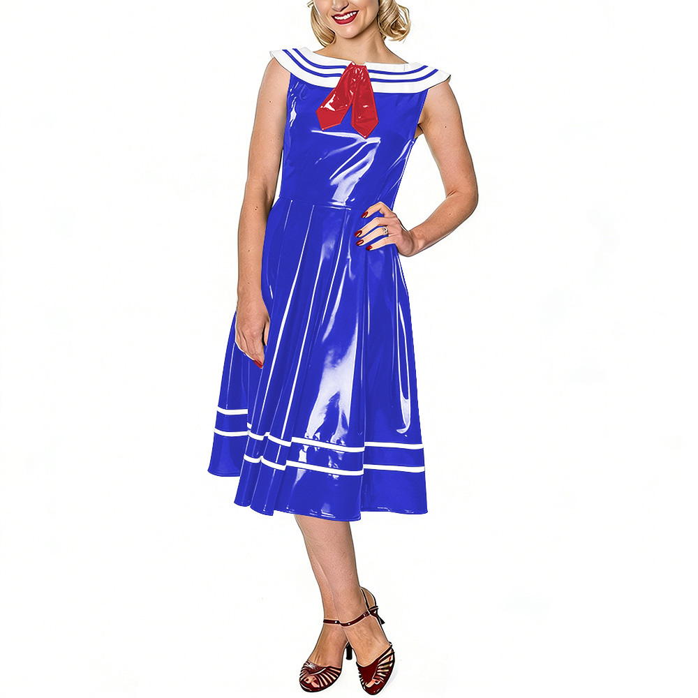 Midi Dress - ชุดเดรสสไตล์วินเทจสำหรับผู้หญิง ทำจากหนัง PVC เงา แบบไม่มีแขน ความยาวปานกลาง